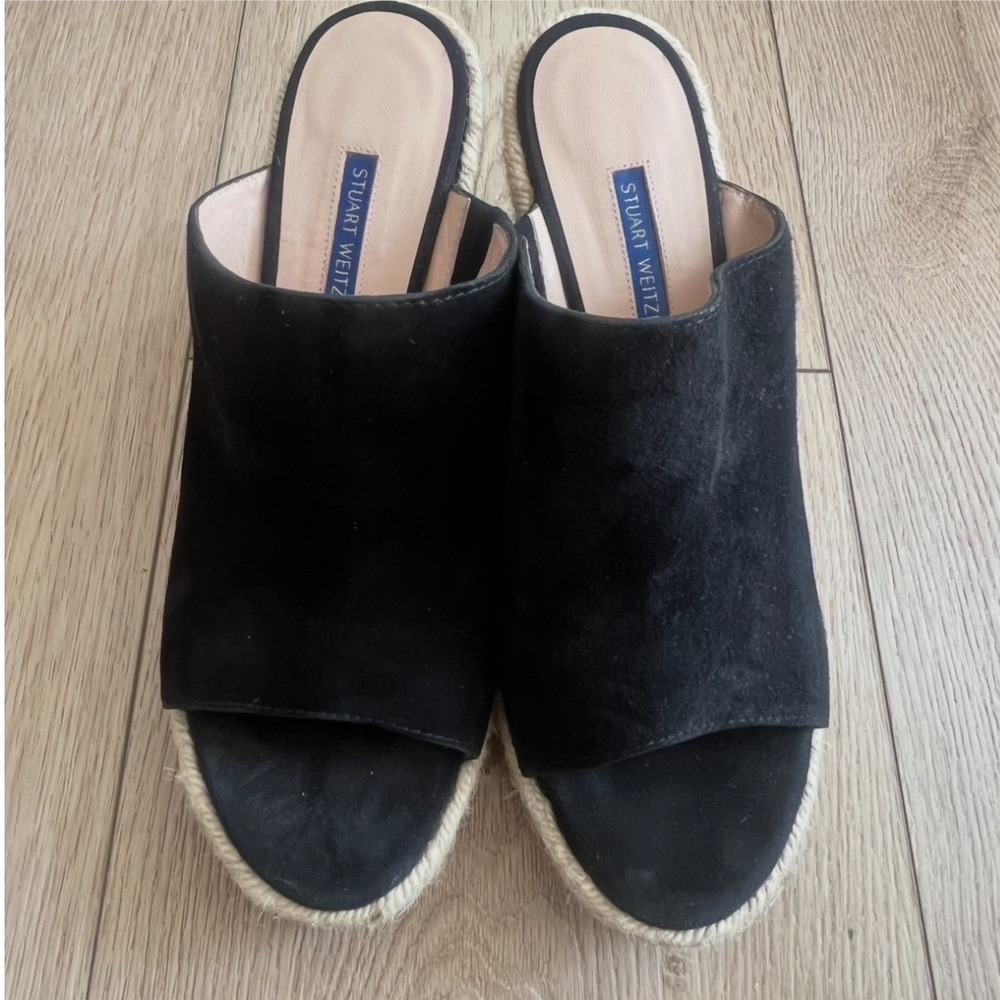Stuart Weitzman Suede Espadrille Wedge Mules Open Toe Sandals. Black. Womens 8.5 - Picture 2 of 10